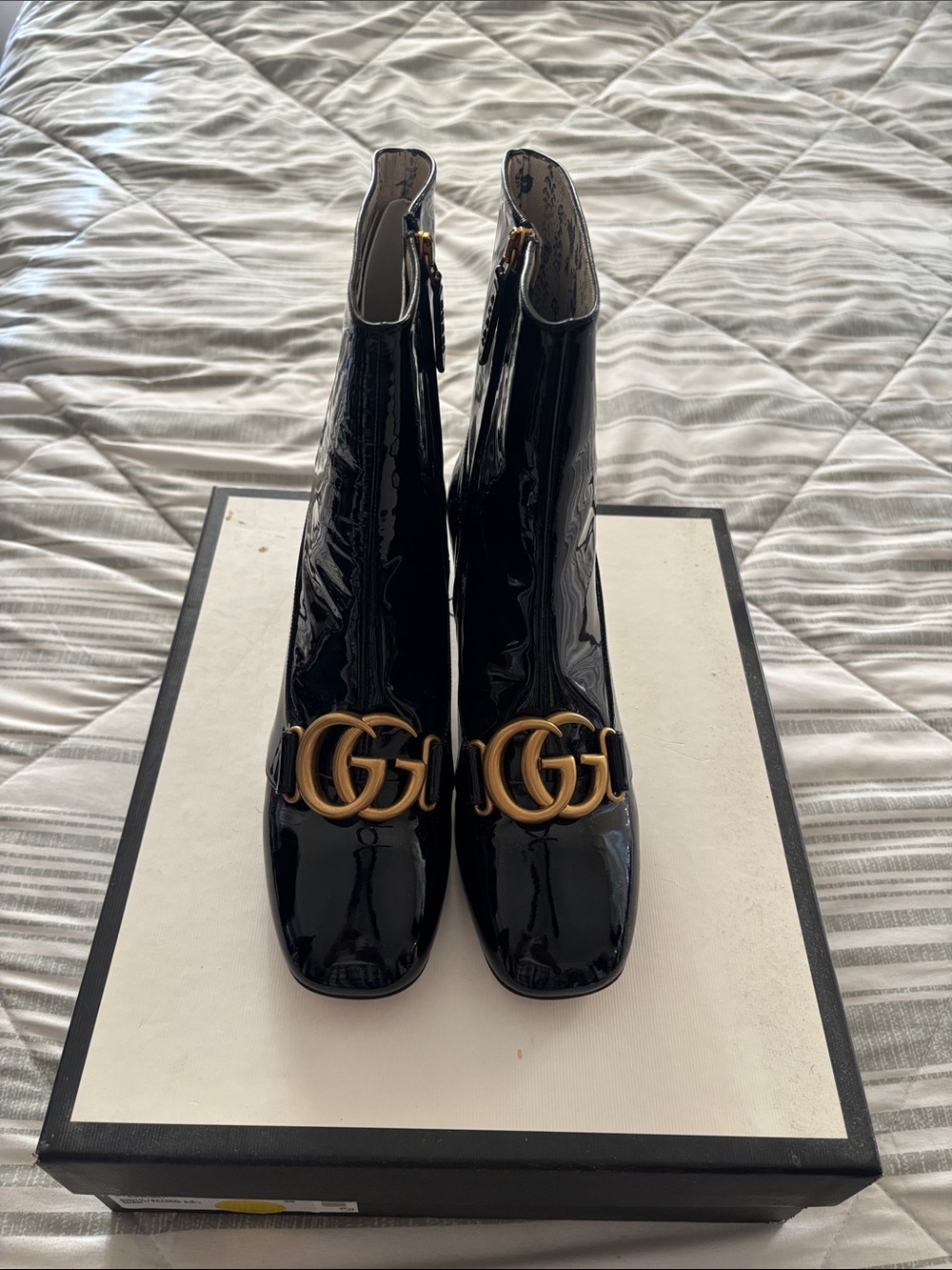 Authentic Women's Black Patent Ankle Boots with Gold Double-G Accent